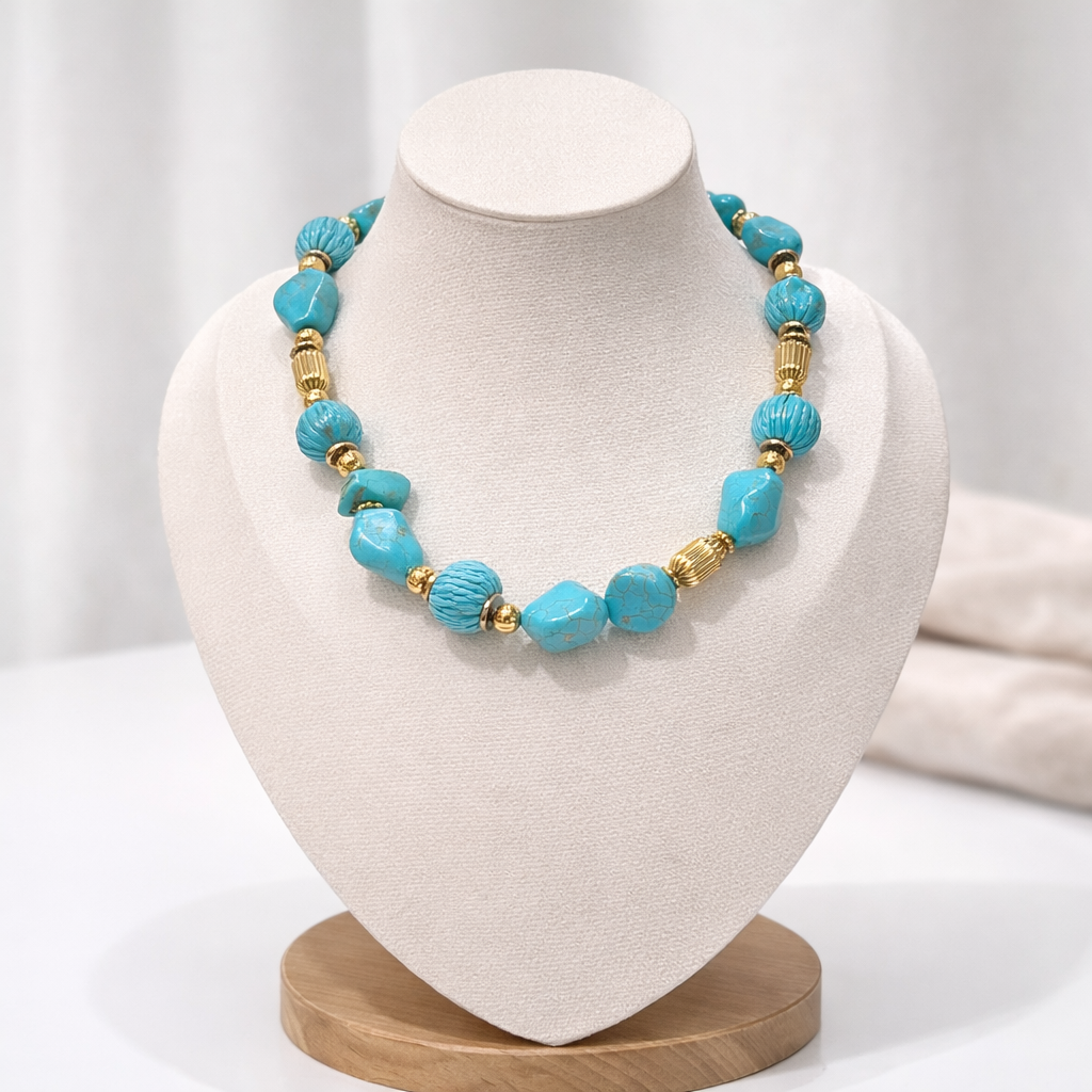 Collana Donna Turchese Gold – Collana con Pietre Naturali in Acciaio